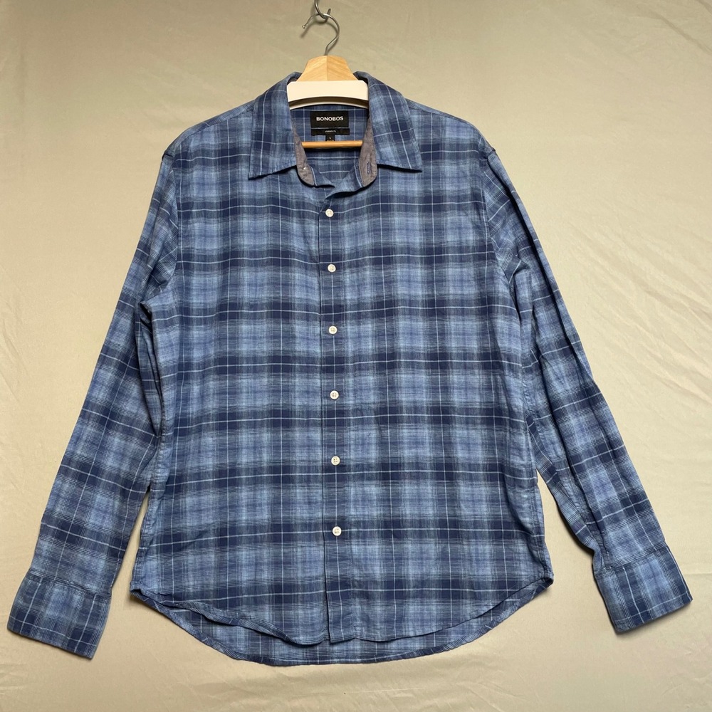 Bonobos Mens Linen‎ Cotton Blue Plaid Long Sleeve Button Down Shirt Size L